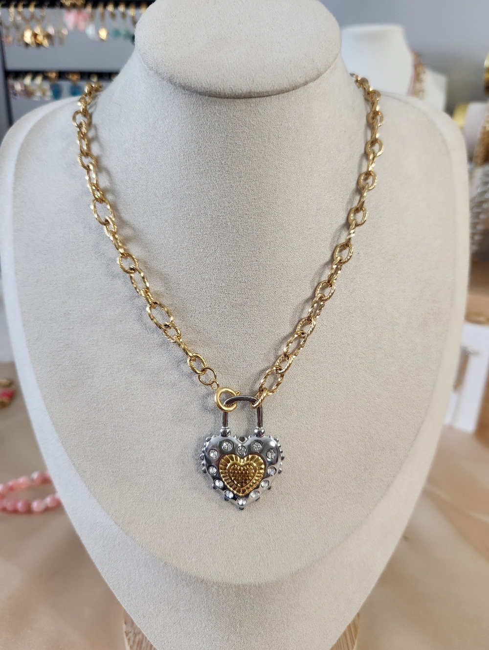 Two Tone Heart Lock Necklace